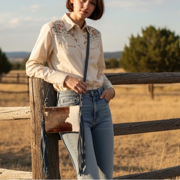 Western Linens Handbags - Western Linens-HairOnHide Fringe Crossbody Powder Blue Homestead Coastal Cowgirl